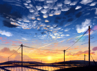 Картинка рисованное природа провода облака столбы рис вода поле закат niko p небо побеги