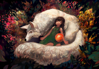 Картинка аниме животные +существа onion and pi-natto арт лягушка девушка листья лес волк белый шар осень спит