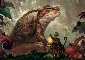 Картинка аниме животные +существа onion and pi-natto арт лягушка девушка человек лес джунгли фонарь листья озеро жаба грибы