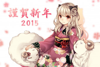 Картинка аниме животные +существа цветы девушка арт akayan новогодняя новый год барашки 2015 иероглифы
