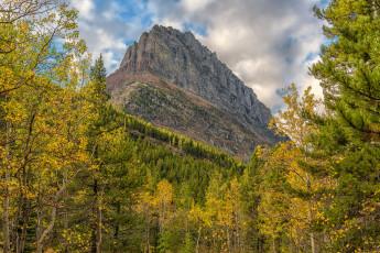Картинка природа горы небо скала склон лес деревья осень