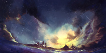 Картинка аниме pixiv+fantasia pixiv fantasia небо закат замок скалы море пейзаж арт mask shounen