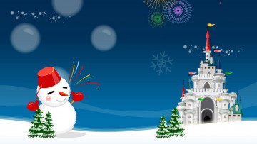 Картинка праздничные векторная+графика+ новый+год снег снеговик замок фейерверк салют снежинка ёлки