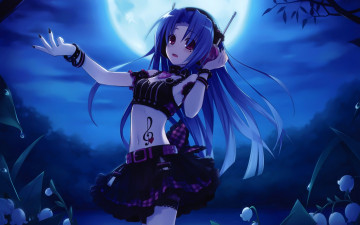 Картинка аниме hyperdimension+neptunia фон девочка музыка пение татуировка нота ночь луна цветы наушники