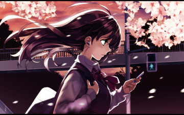 Картинка grisaia+no+kajitsu аниме музыка школьница девушка наушники переход светофор ветер сакура телефон