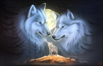 обоя gaudibuendia, рисованное, животные,  волки, волки, лес, ночь, вой