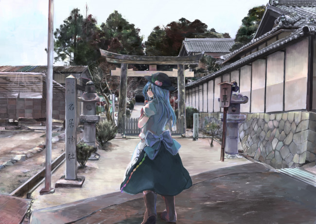 Обои картинки фото аниме, touhou, ichiba, youichi, деревья, улица, девушка, арт, столб, шляпка, дом, hinanawi, tenshi