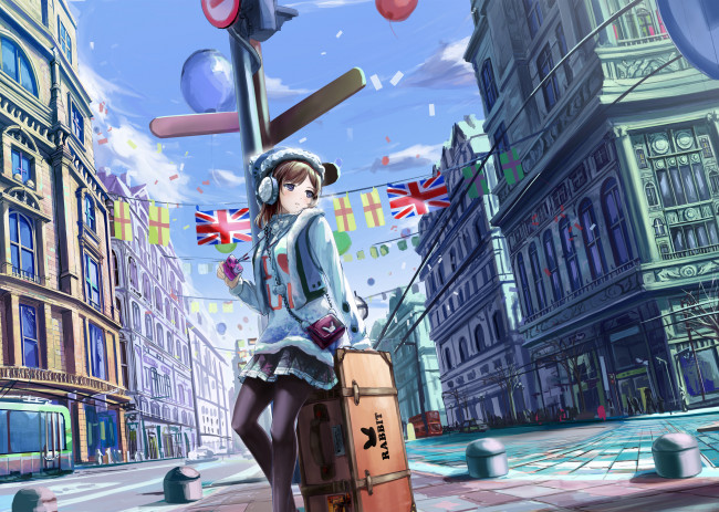 Обои картинки фото аниме, город,  улицы,  здания, воздушные, чемодан, праздник, столб, девушка, kyaro, арт, kyaro54, здания, улица, шары, небо