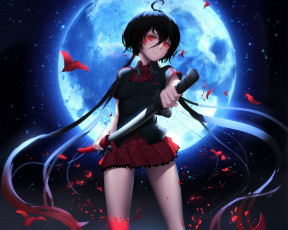 Картинка аниме blood+ школьница форма ночь улыбка луна катана оружие девушка kisaragi saya