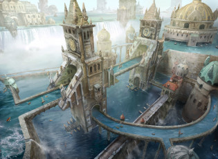 обоя фэнтези, замки, реки, люди, водопад, лодки, город, magic, the, gathering, -, wizards, of, coast, башни