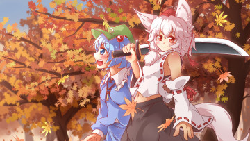 Картинка автор +cue+ lindwrum аниме touhou kawashiro nitori inubashiri momiji