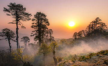 Картинка дочу-ла +бутан природа восходы закаты горы туман рассвет солнце деревья
