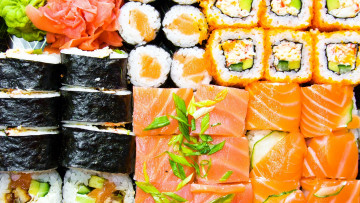 Картинка еда рыба +морепродукты +суши +роллы ассорти японская кухня имбирь роллы