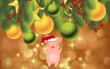 Картинка календари праздники +салюты свинья поросенок фон шар звезда игрушка ветка