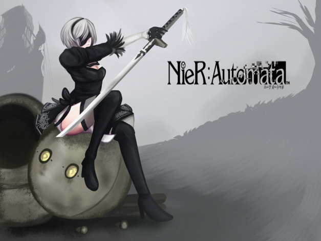Обои картинки фото видео игры, nier,  automata, фон, девушка, платье, меч