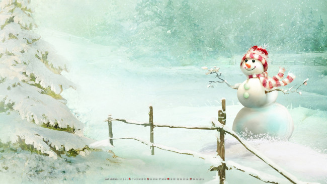 Обои картинки фото календари, праздники,  салюты, зима, снег, шарф, шапка, елка, снеговик