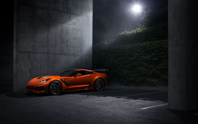 Обои картинки фото автомобили, corvette, стоянка, zr1, chevrolet, кусты, оранжевый