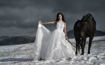 обоя девушки, - невесты, зима, снег, невеста, лошадь