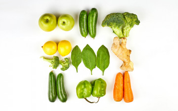 обоя еда, фрукты и овощи вместе, брокколи, морковь, перец, лимон, яблоки