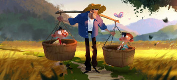 Картинка рисованное кино +мультфильмы мужчина дети корзины коромысло поле