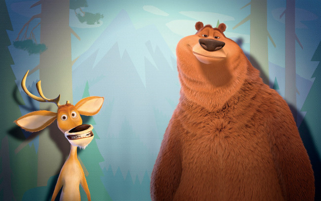 Обои картинки фото мультфильмы, open season, олень, медведь, лес