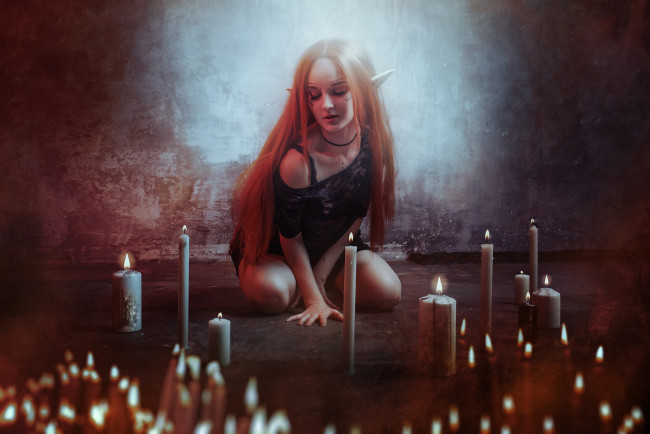 Обои картинки фото девушки, kirdjava, эльфийка, белье, свечи