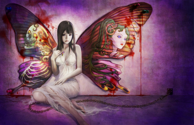 Обои картинки фото фэнтези, девушки, крылья, девушка, аниме, стена