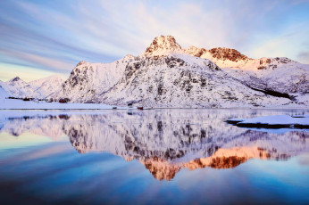 Картинка природа реки озера норвегия горы зима снег небо отражения