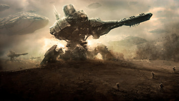 Картинка фэнтези роботы +киборги +механизмы сражение челноки гигантские механизмы солдаты атака
