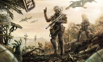 Картинка фэнтези люди солдаты поле зачистка взрывы разрушения