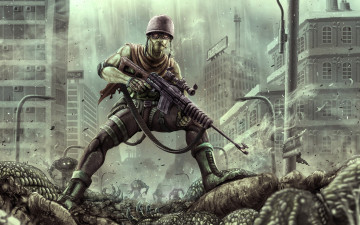 Картинка фэнтези люди постапокалипсис солдат разрушенный город монстры