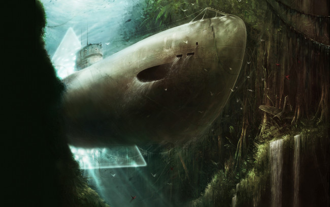 Обои картинки фото фэнтези, подводная, лодка, лес, джунгли, портал