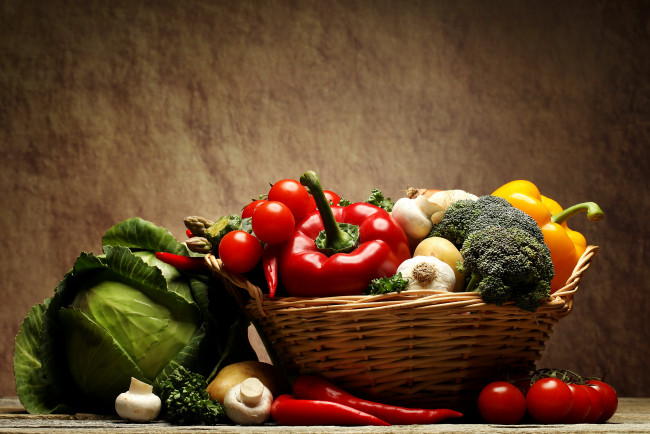 Обои картинки фото еда, овощи, грибы, помидоры, перец, капуста