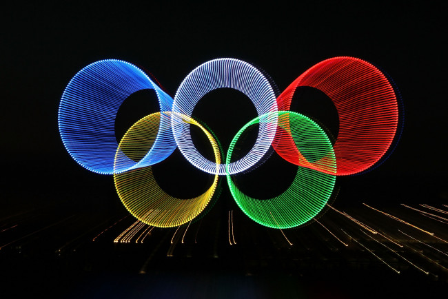 Обои картинки фото спорт, 3d, рисованные, олимпиада, кольца, лучи, огни, абстракция