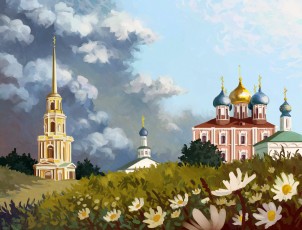 обоя рисованное, религия, цветы, облака, церковь