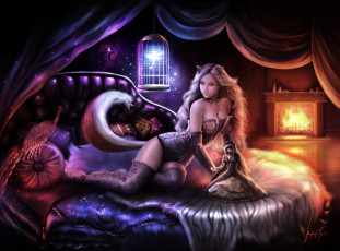 Картинка фэнтези существа камин девушка кровать павлин ночь комната ушки хвост птица фея клетка кукла арт