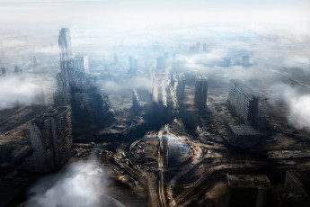 Картинка фэнтези иные+миры +иные+времена панорама вид сверху постапокалипсис руины здания машины дороги город облака