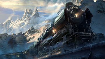 Картинка рисованное -+другое паровоз зима горы