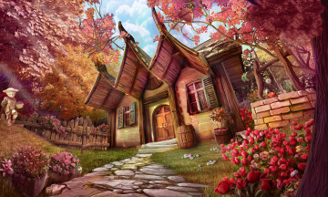 Картинка рисованное города цветы лето домик