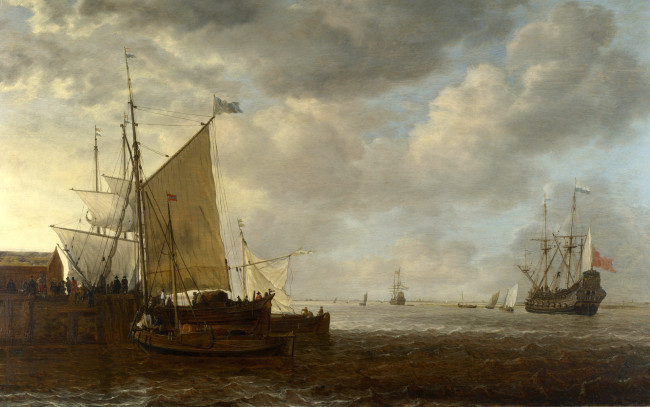 Обои картинки фото рисованное, живопись, парусник, корабль, море, облака, небо, пейзаж, люди, причал, лодка