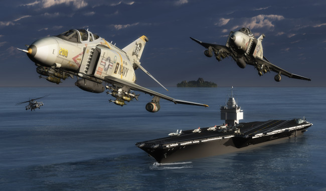 Обои картинки фото 3д графика, армия , military, полет, самолеты, авианосец, море