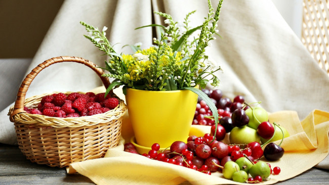Обои картинки фото еда, фрукты,  ягоды, малина, черешня, смородина