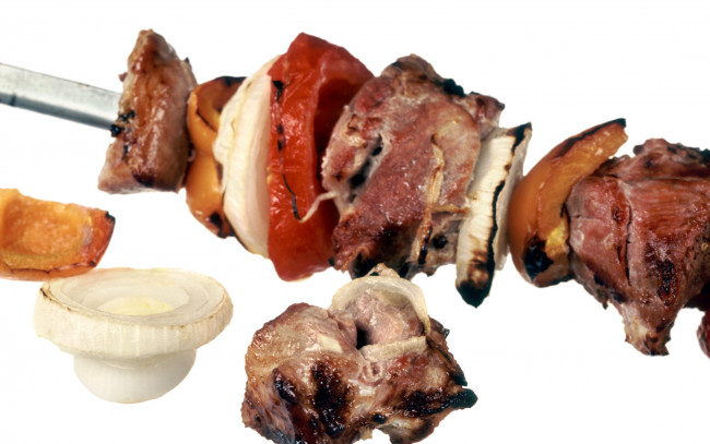 Обои картинки фото еда, шашлык,  барбекю, мясо, лук