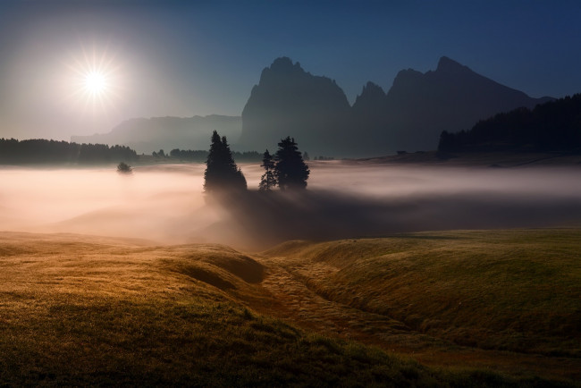 Обои картинки фото природа, восходы, закаты, закат, туман, поле