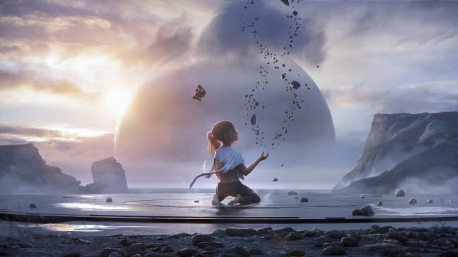 Обои картинки фото 3д графика, фантазия , fantasy, девочка, фон, планета, мишка, камни