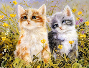 Картинка рисованное животные +коты котята лужайка