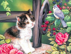 обоя рисованное, животные,  коты, котенок, птица, ежевика, цветы