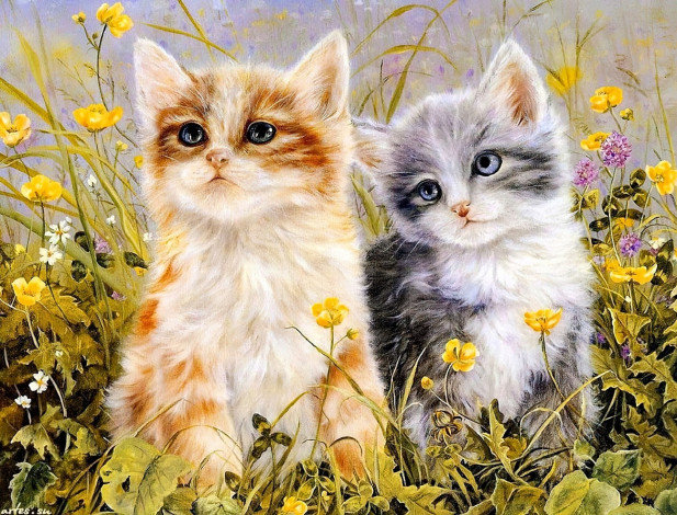 Обои картинки фото рисованное, животные,  коты, котята, лужайка