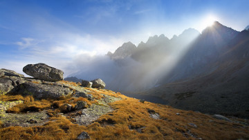 обоя природа, горы, рассвет, туман