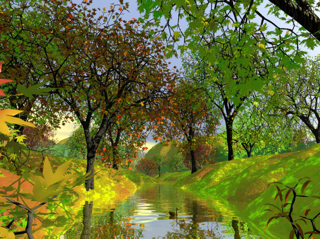 Обои картинки фото 3д, графика, nature, landscape, природа, деревья, река